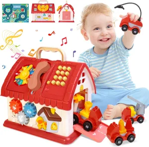 Toys for 1 2 3 Year Old Gifts Montessori Toddler Toys 8 in 1 Multi-Functional Learning House with Sound/Lights/Music/Clock/Car/Telephone Music Early Educational Baby with 4 Cars (Red)