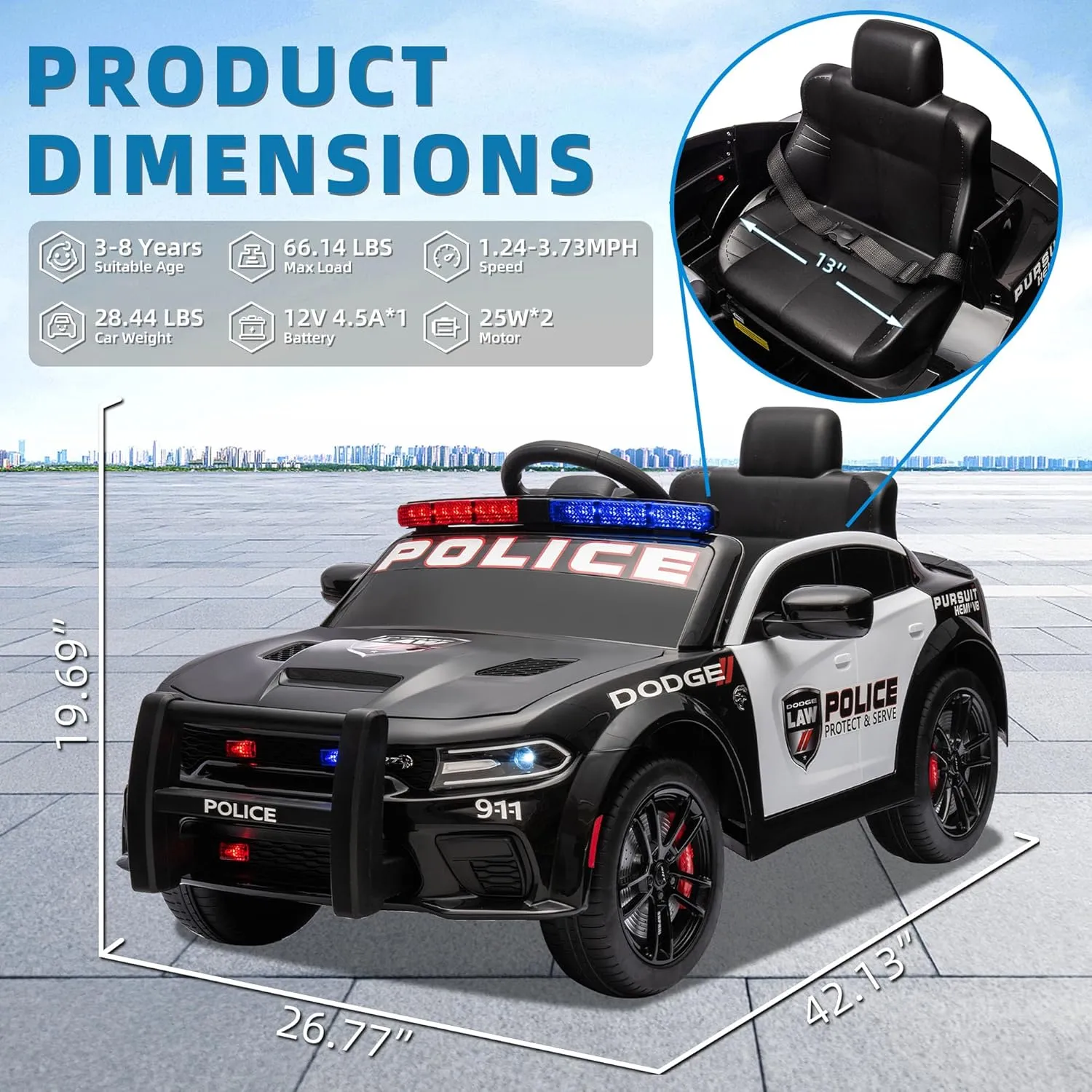 Track Seven 12V Kids Ride on Electric Police Swat Car for Ages 3-8 Years Licensed Dodge Vehicles with Parent Remote Control Toys for Boys Girls 4 Wheels Lights USB Music 3 Speeds Outdoor, Black