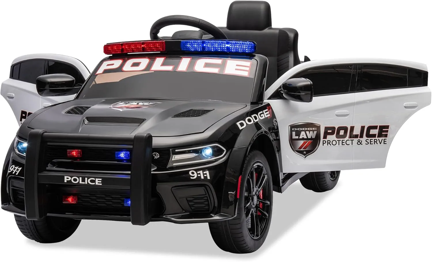 Track Seven 12V Kids Ride on Electric Police Swat Car for Ages 3-8 Years Licensed Dodge Vehicles with Parent Remote Control Toys for Boys Girls 4 Wheels Lights USB Music 3 Speeds Outdoor, Black