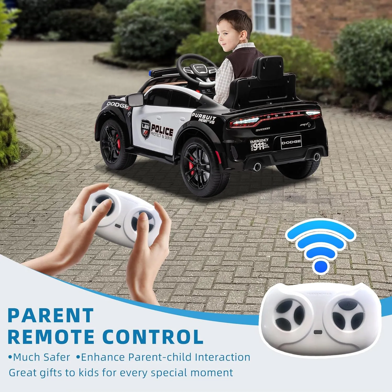 Track Seven 12V Kids Ride on Electric Police Swat Car for Ages 3-8 Years Licensed Dodge Vehicles with Parent Remote Control Toys for Boys Girls 4 Wheels Lights USB Music 3 Speeds Outdoor, Black