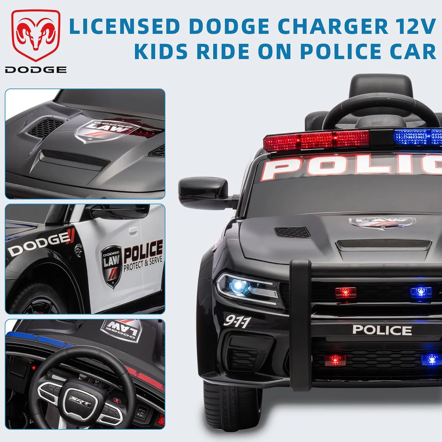 Track Seven 12V Kids Ride on Electric Police Swat Car for Ages 3-8 Years Licensed Dodge Vehicles with Parent Remote Control Toys for Boys Girls 4 Wheels Lights USB Music 3 Speeds Outdoor, Black