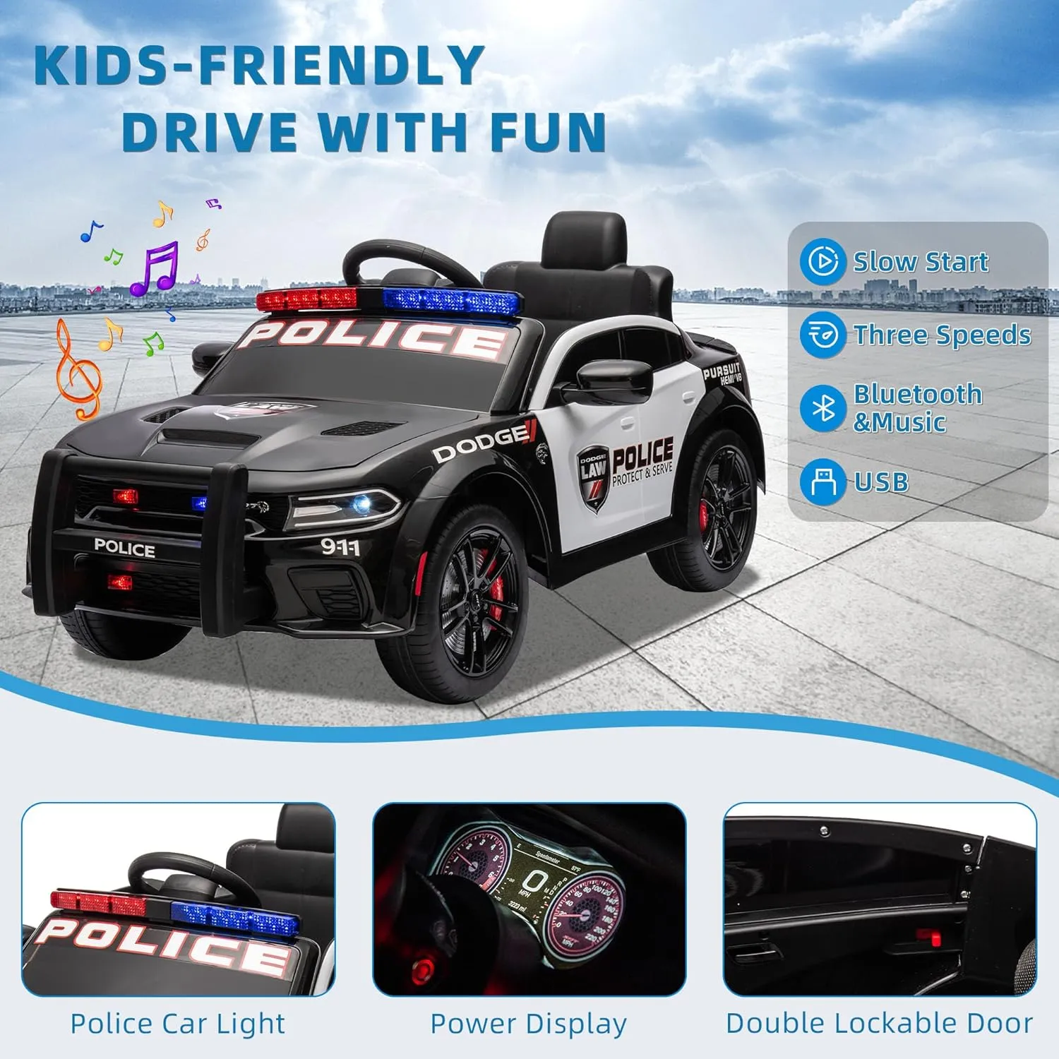 Track Seven 12V Kids Ride on Electric Police Swat Car for Ages 3-8 Years Licensed Dodge Vehicles with Parent Remote Control Toys for Boys Girls 4 Wheels Lights USB Music 3 Speeds Outdoor, Black