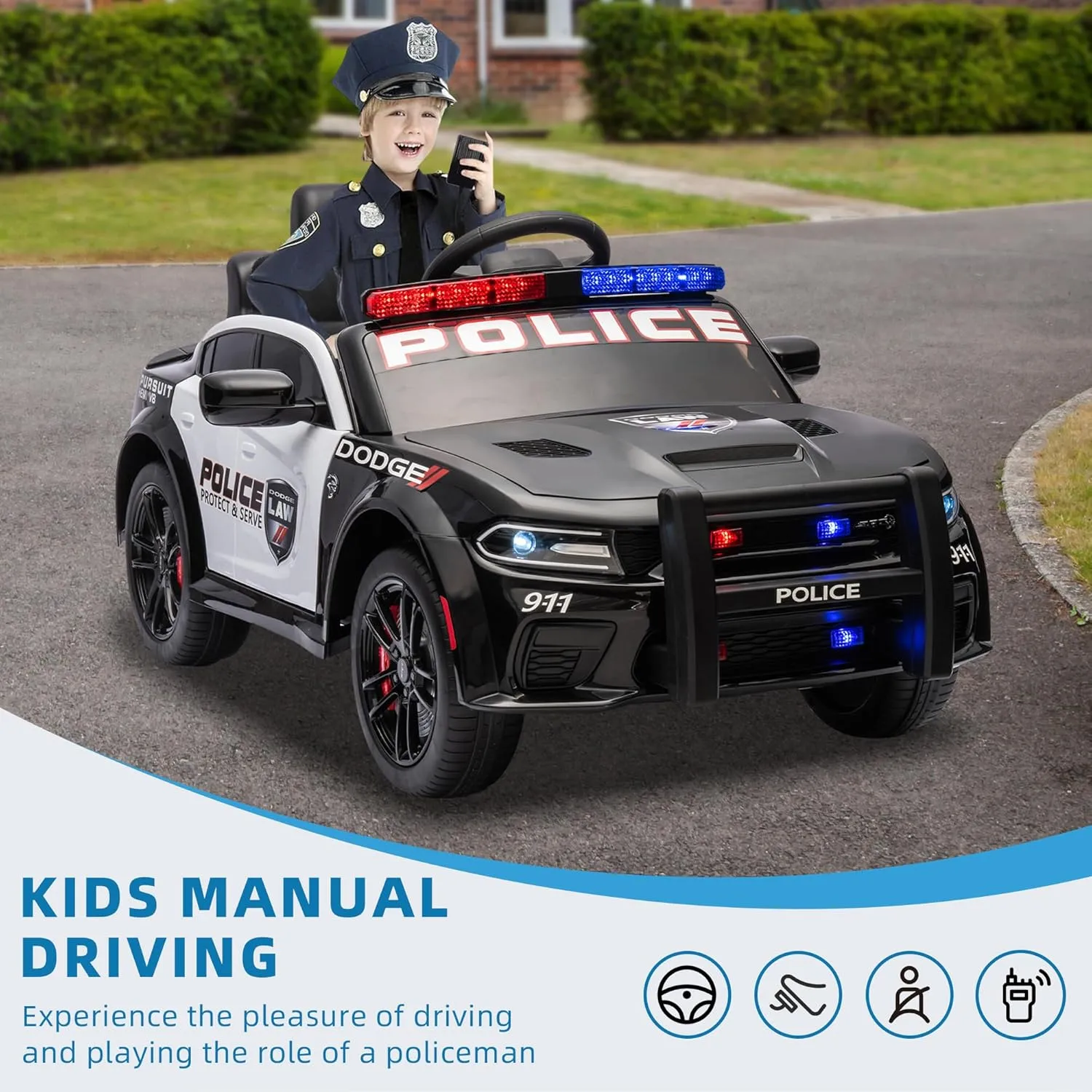 Track Seven 12V Kids Ride on Electric Police Swat Car for Ages 3-8 Years Licensed Dodge Vehicles with Parent Remote Control Toys for Boys Girls 4 Wheels Lights USB Music 3 Speeds Outdoor, Black