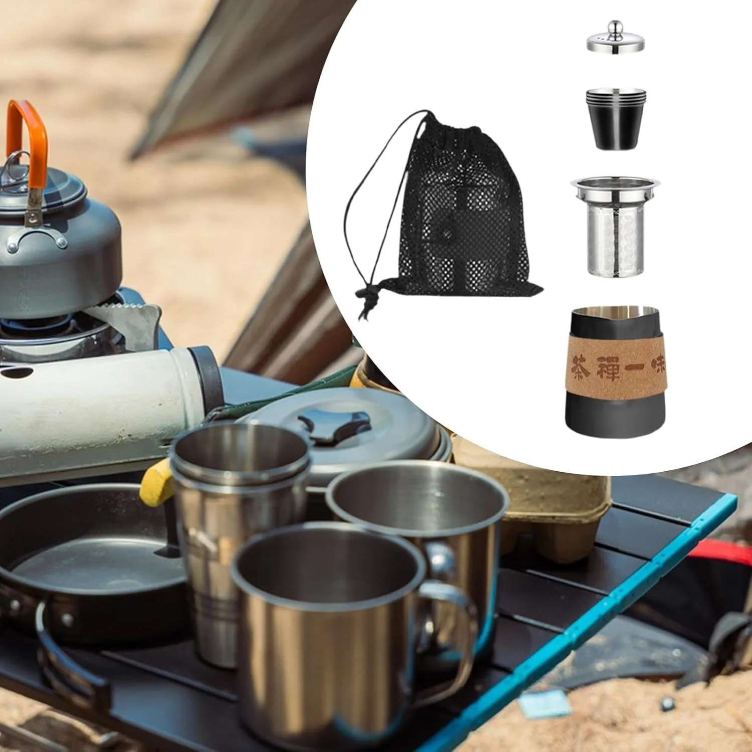 Travel Tea Set Camp Drinkware Lightweight with Mesh Storage Bag Stainless Steel Tea Pot for Backpacking Hiking Household Gift, black