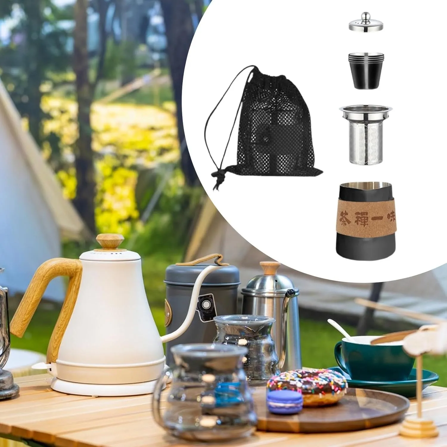 Travel Tea Set Camp Drinkware Lightweight with Mesh Storage Bag Stainless Steel Tea Pot for Backpacking Hiking Household Gift, black