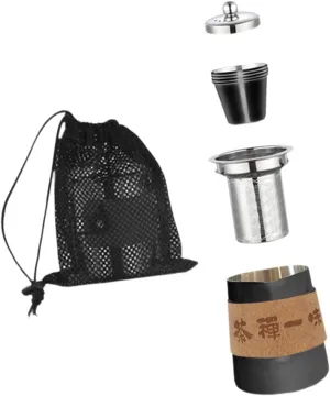 Travel Tea Set Camp Drinkware Lightweight with Mesh Storage Bag Stainless Steel Tea Pot for Backpacking Hiking Household Gift, black