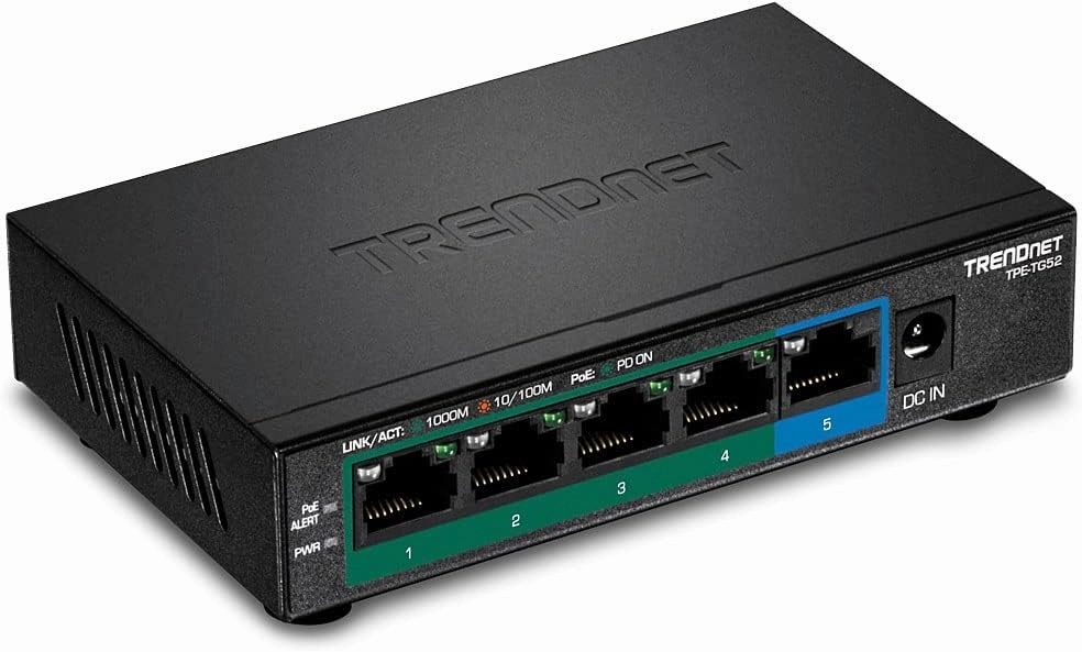 TRENDnet 5-Port Gigabit PoE  Switch, 32W PoE Power Budget, 10Gbps Switching Capacity, IEEE 802.1p QoS, DSCP Pass-Through Support, Fanless, Wall Mountable, Lifetime Protection, Black, TPE-TG52