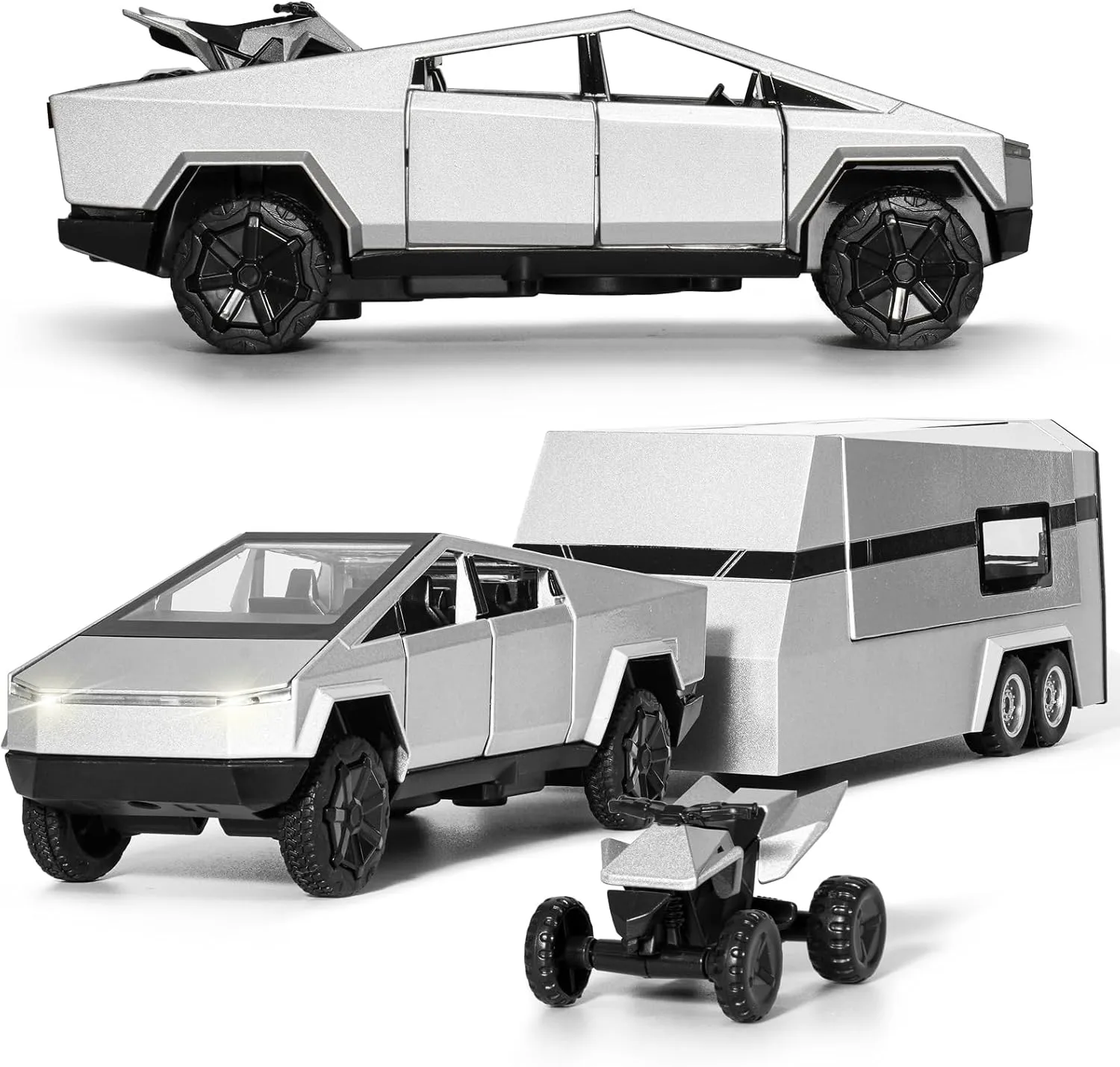 Truck Toy, Car Toy with RV, Motorcycle Cybertquad and Truck, 1/32 Alloy Diecast Pickup Trailer Model Kit with Light and Sound, for Kids - Silver