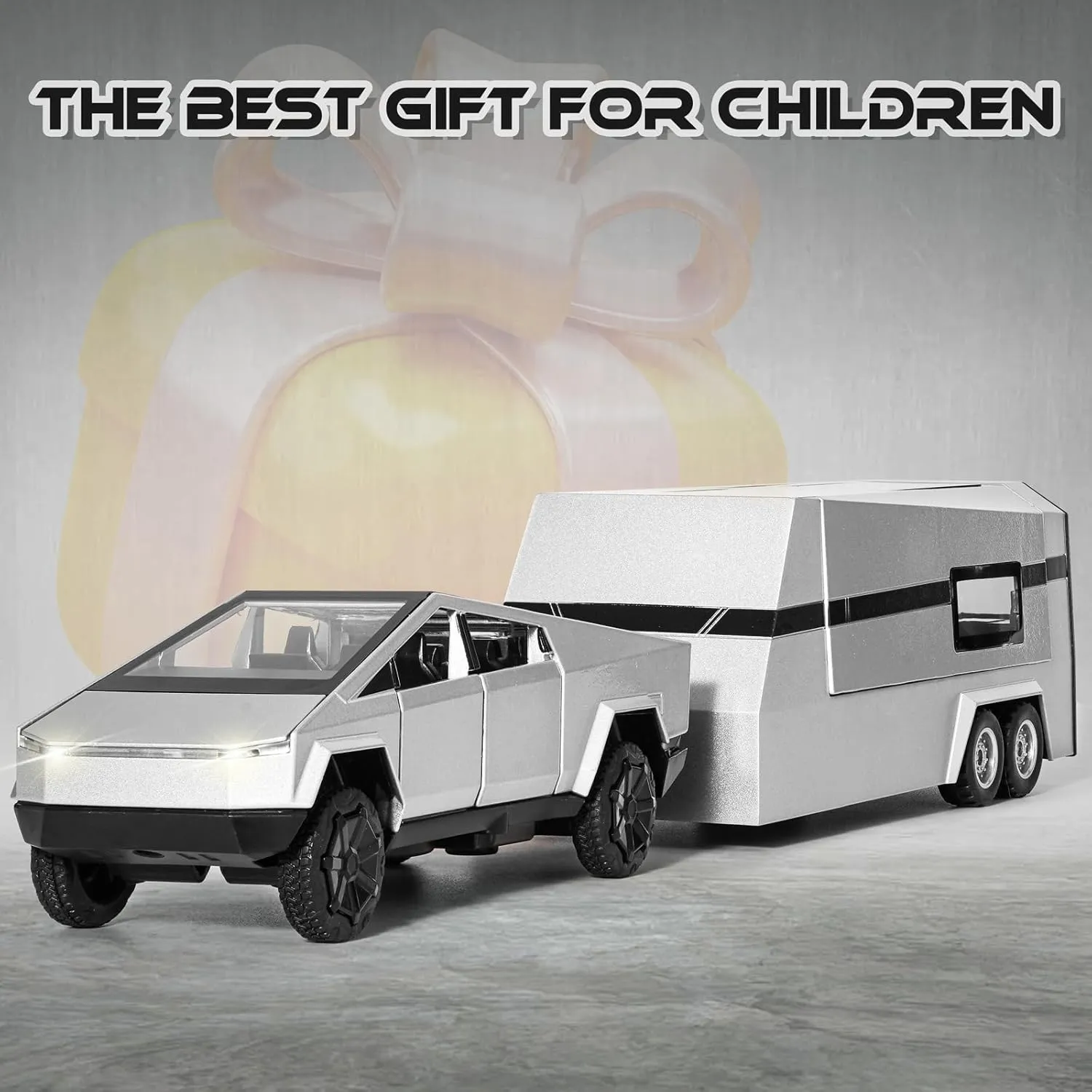 Truck Toy, Car Toy with RV, Motorcycle Cybertquad and Truck, 1/32 Alloy Diecast Pickup Trailer Model Kit with Light and Sound, for Kids - Silver
