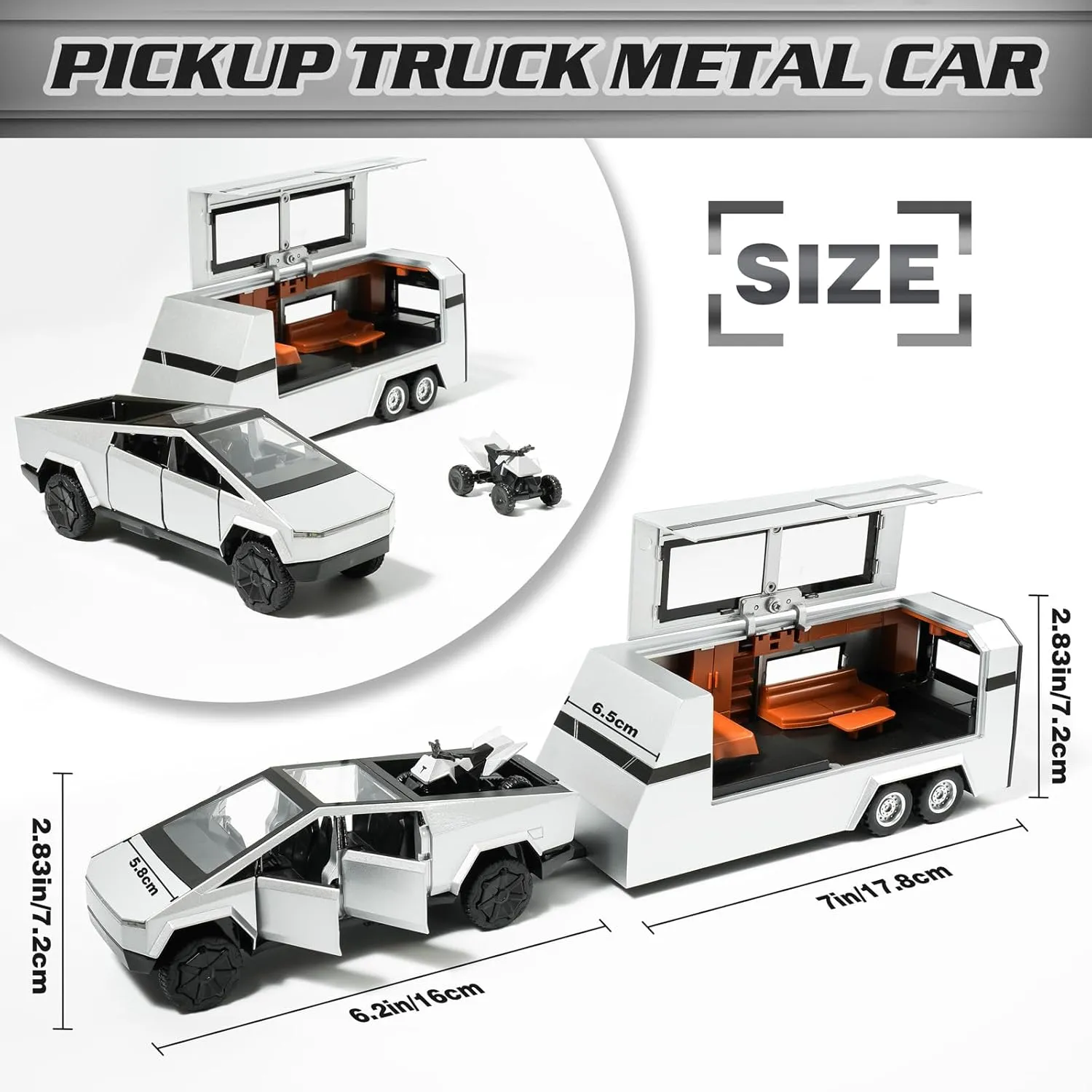Truck Toy, Car Toy with RV, Motorcycle Cybertquad and Truck, 1/32 Alloy Diecast Pickup Trailer Model Kit with Light and Sound, for Kids - Silver