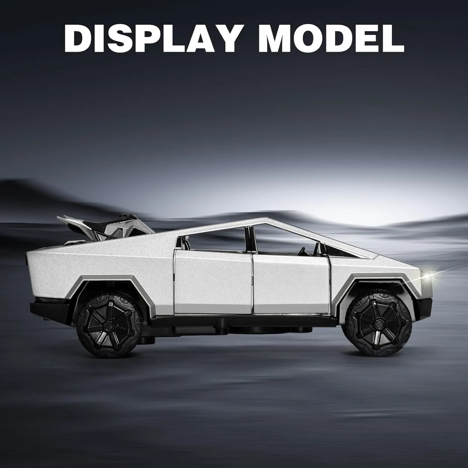 Truck Toy, Car Toy with RV, Motorcycle Cybertquad and Truck, 1/32 Alloy Diecast Pickup Trailer Model Kit with Light and Sound, for Kids - Silver