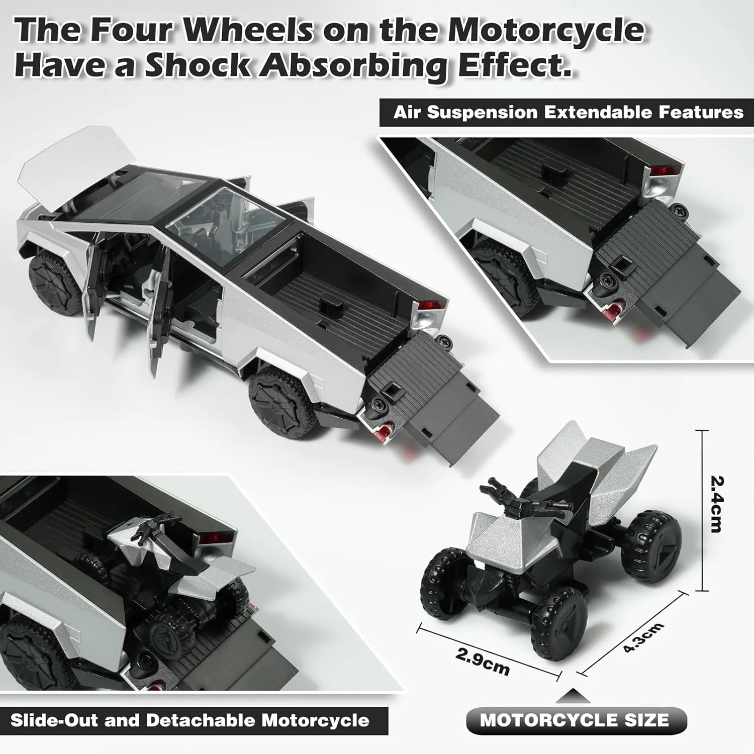 Truck Toy, Car Toy with RV, Motorcycle Cybertquad and Truck, 1/32 Alloy Diecast Pickup Trailer Model Kit with Light and Sound, for Kids - Silver