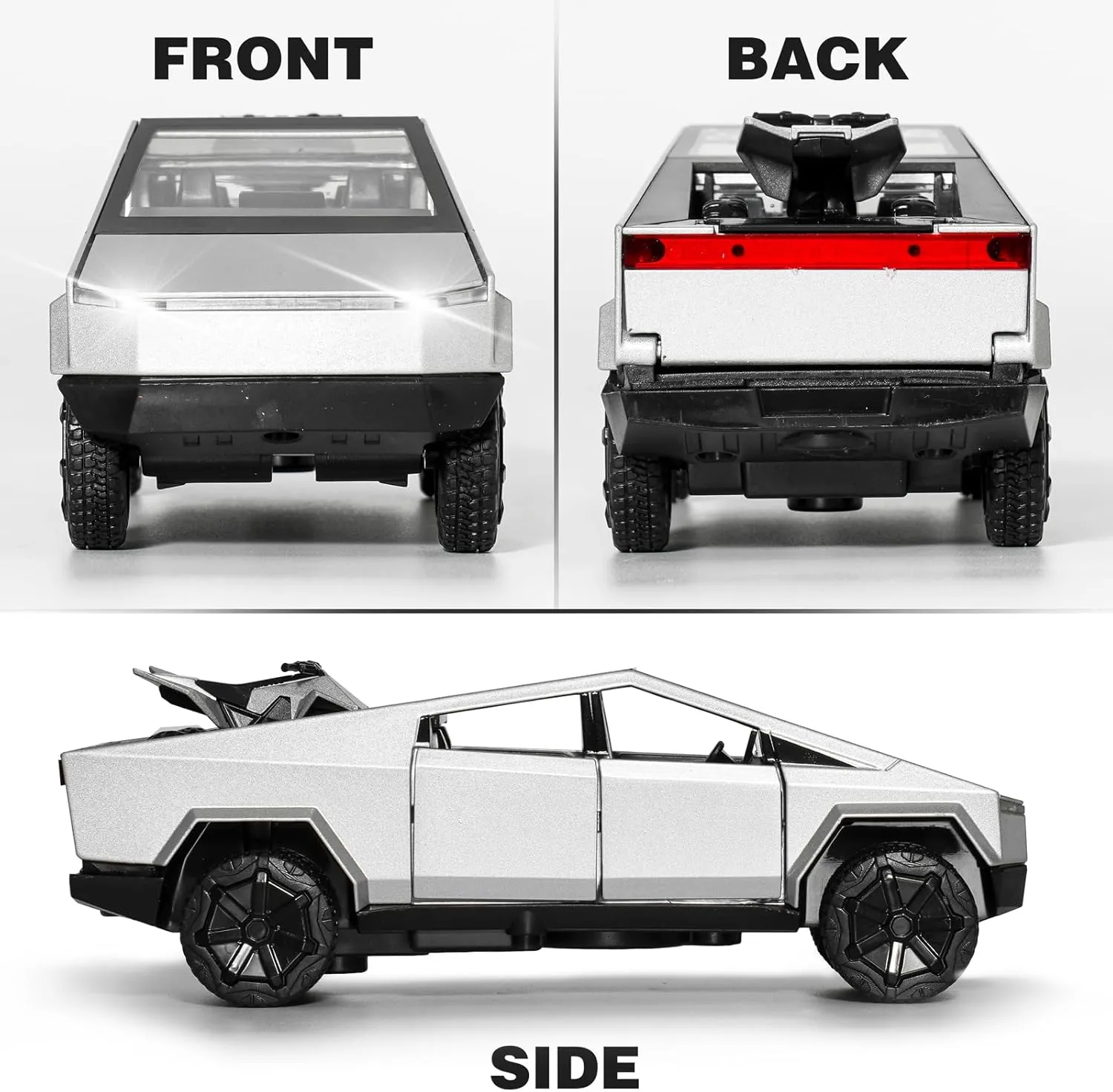 Truck Toy, Car Toy with RV, Motorcycle Cybertquad and Truck, 1/32 Alloy Diecast Pickup Trailer Model Kit with Light and Sound, for Kids - Silver