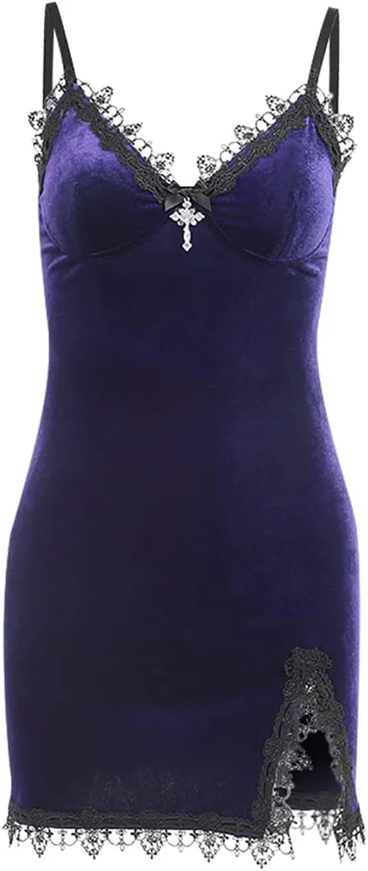 TSMNZMU Women Gothic Mini Dress Velvet Sleeveless Lolita Dresses Emo Grunge Punk Dress Goth Sexy Halter Dress