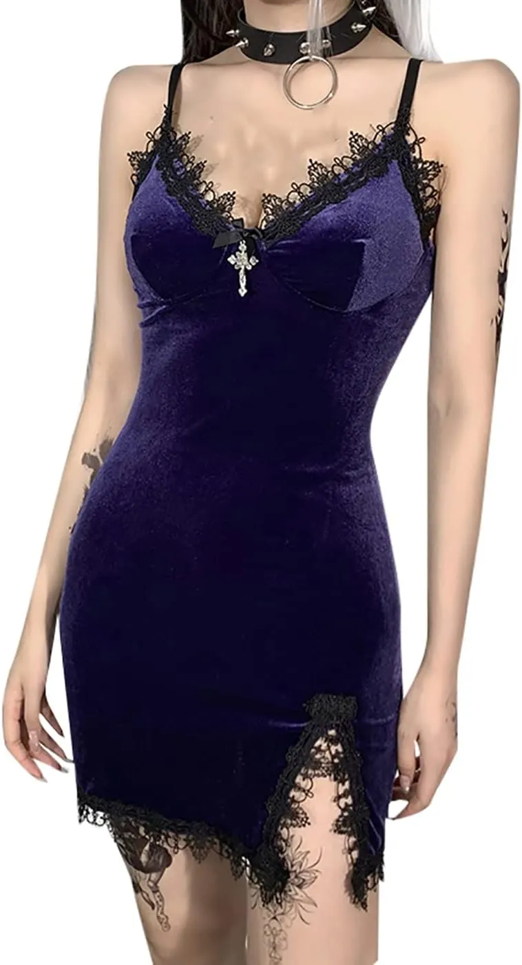 TSMNZMU Women Gothic Mini Dress Velvet Sleeveless Lolita Dresses Emo Grunge Punk Dress Goth Sexy Halter Dress