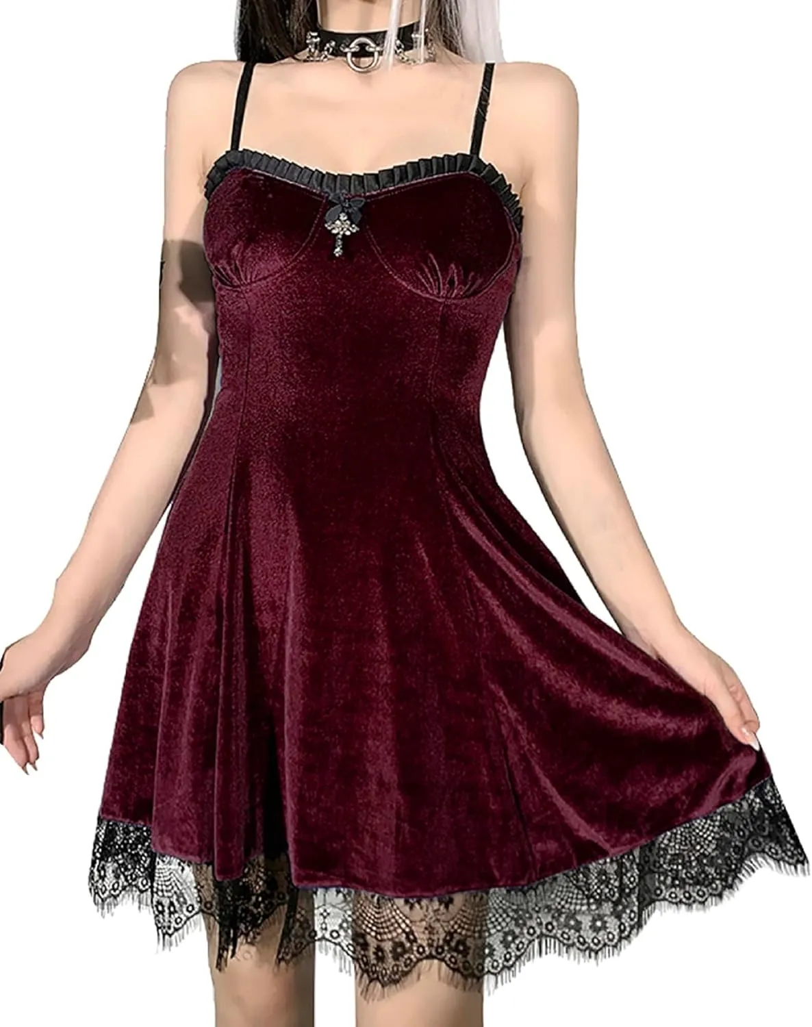 TSMNZMU Womens Gothic Velvet Dress Sleeveless Lolita Fairy Dresses Vintage Witchy Camisole Dress Grunge Harajuku Lace Dress