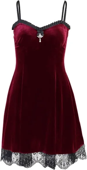 TSMNZMU Womens Gothic Velvet Dress Sleeveless Lolita Fairy Dresses Vintage Witchy Camisole Dress Grunge Harajuku Lace Dress