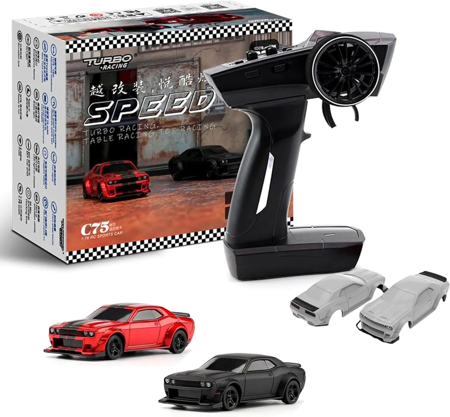 Turbo Racing 1:76 Scale Drift RC Car with Gyro Mini Full Proportional RTR 2.4GHZ Remote Control with 2 Replaceable Body Shell (C75-Red)