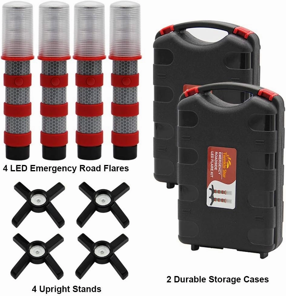 Twinkle Star Emergency Roadside Flares Kit LED Safety Strobe Road Warning Light Highway Beacon Alert Flare with Magnetic Base, Detachable Stand, Solid Storage Case (Set of 4)
