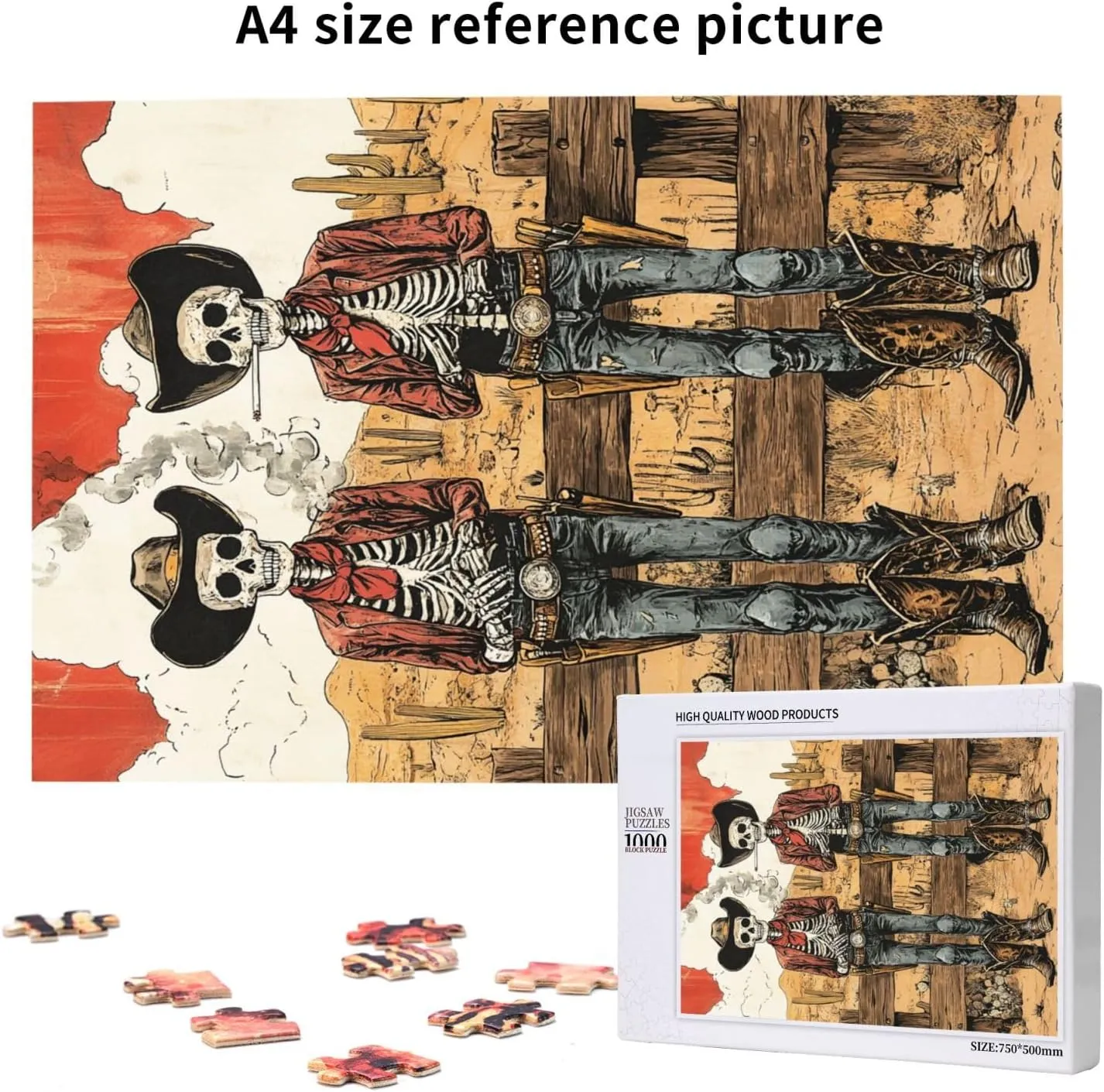 Two Skeleton Cowboys in Desert,1000 Piece Wooden Puzzle for Adults,Brain Training Challenge, Stress Relief Activity,Unique Artwork for Adult,Eco-Friendly Pieces，Gifts for Friends