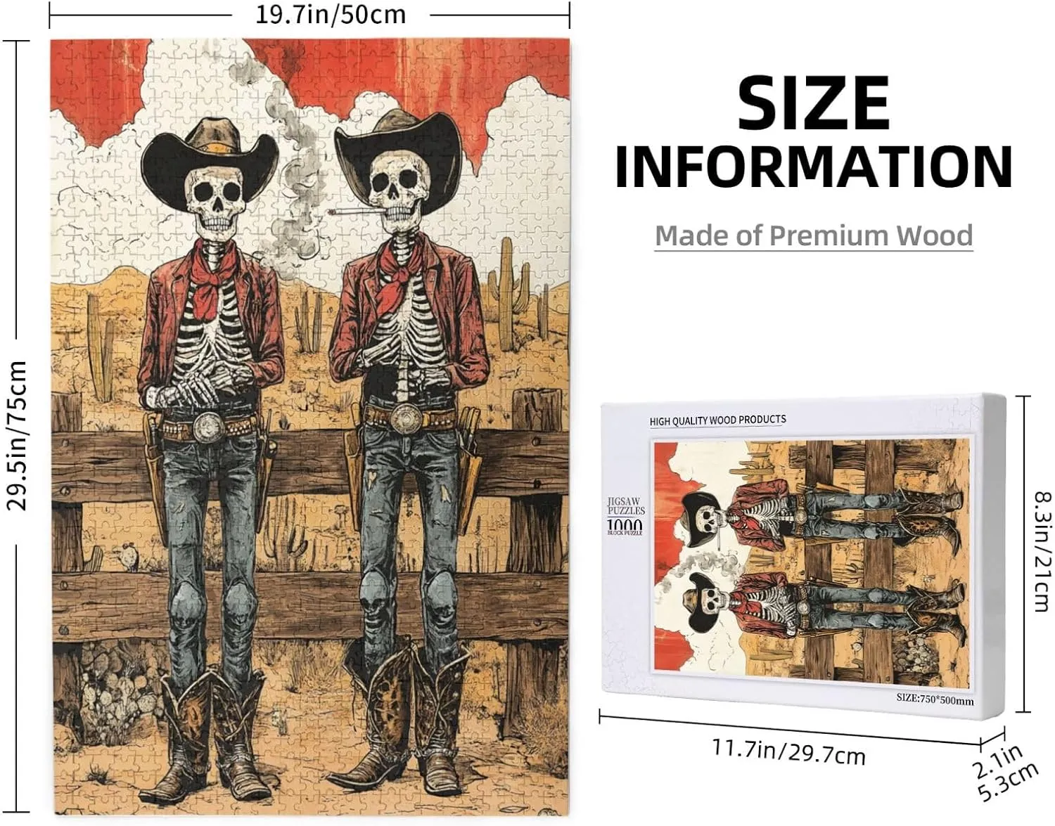 Two Skeleton Cowboys in Desert,1000 Piece Wooden Puzzle for Adults,Brain Training Challenge, Stress Relief Activity,Unique Artwork for Adult,Eco-Friendly Pieces，Gifts for Friends