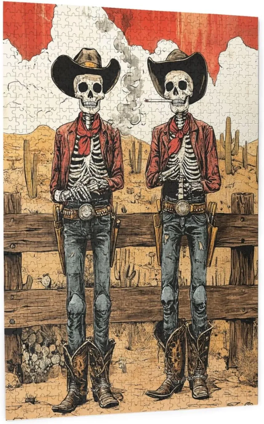 Two Skeleton Cowboys in Desert,1000 Piece Wooden Puzzle for Adults,Brain Training Challenge, Stress Relief Activity,Unique Artwork for Adult,Eco-Friendly Pieces，Gifts for Friends