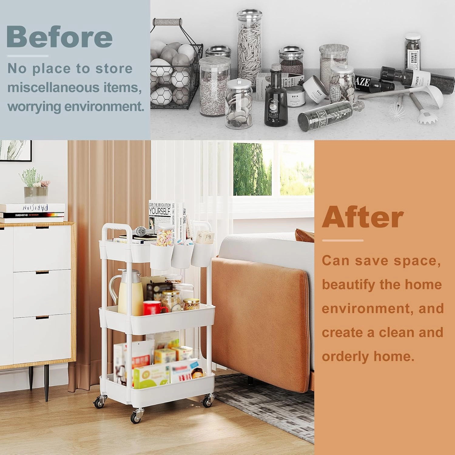 UDEAR 3-Tier Rolling Utility Cart,Multifunctional Storage Shelves with Handle and Lockable Wheels for Room,Office,Kitchen,Bathroom,with 3 Hanging Cups,White