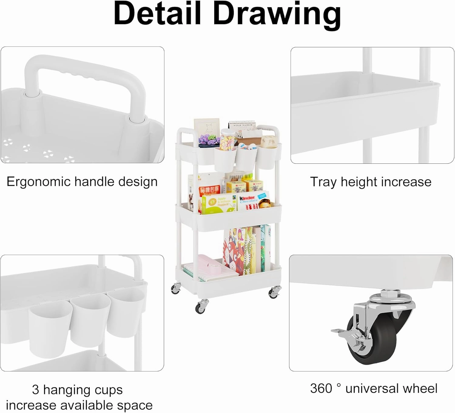 UDEAR 3-Tier Rolling Utility Cart,Multifunctional Storage Shelves with Handle and Lockable Wheels for Room,Office,Kitchen,Bathroom,with 3 Hanging Cups,White