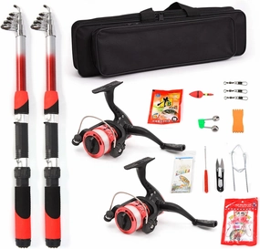 Ultra Light Fishing Rod Reel Combo Full Kit with 2PCS 2.1m Telescopic Fishing Rods Reels Fishing Lures Hooks Accessories Fishing Bag, Red