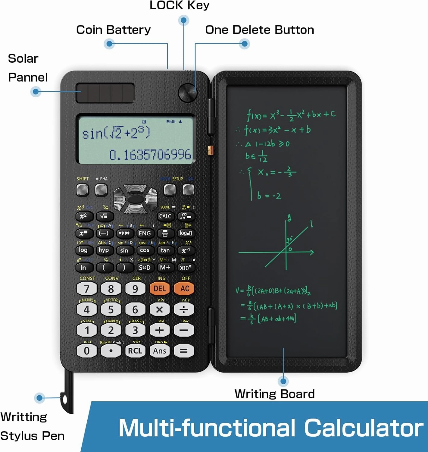 Upgraded 991ES Plus Desktop Scientific Calculator, ROATEE Calcpad Multiview 4-Line Display with Erasable LCD Writing Tablet, Solar Battery Power with Notepad for School and Business