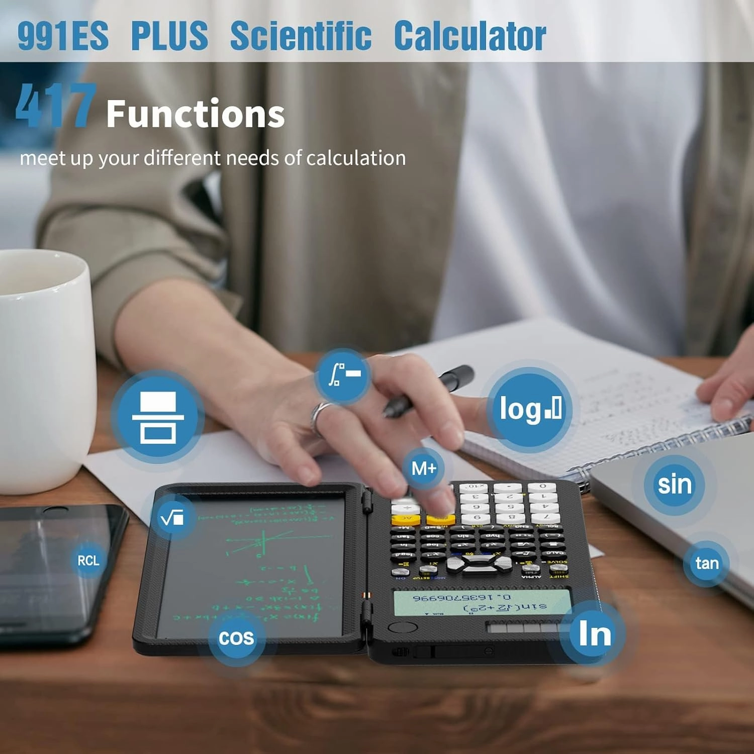 Upgraded 991ES Plus Desktop Scientific Calculator, ROATEE Calcpad Multiview 4-Line Display with Erasable LCD Writing Tablet, Solar Battery Power with Notepad for School and Business