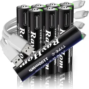 USB Rechargeable Lithium Batteries AAA - 8-Pack Triple A Batteries, Rechargeable AAA Li-ion Battery with 2 USB-C 2-in-1 Charging Cable, 1.5V 1100mWh, Charges 1.5 Hours, Over 1000  Cycles