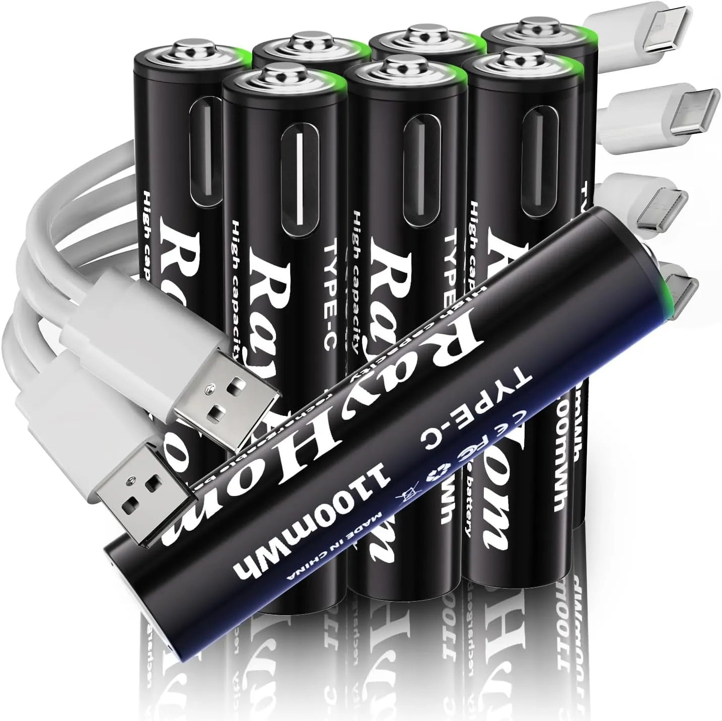 USB Rechargeable Lithium Batteries AAA - 8-Pack Triple A Batteries, Rechargeable AAA Li-ion Battery with 2 USB-C 2-in-1 Charging Cable, 1.5V 1100mWh, Charges 1.5 Hours, Over 1000  Cycles