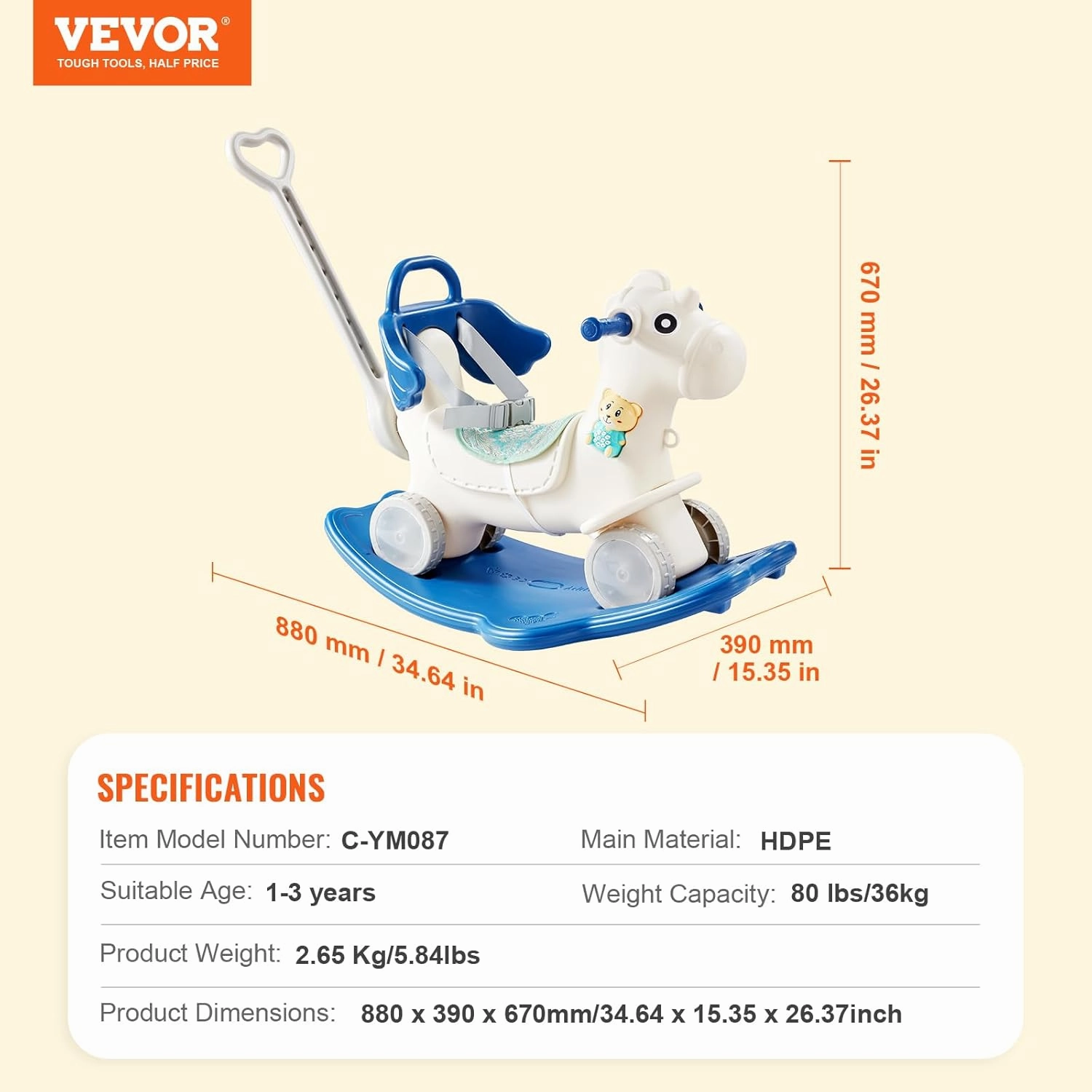 VEVOR 4 in 1 Rocking Horse for Toddlers 1-3 Years, Baby Rocking Horse with Detachable Balance Board, Push Handle and 4 Smooth Wheels, Support up to HDPE 80 lbs Kids Ride on Toy with Sound, Blue