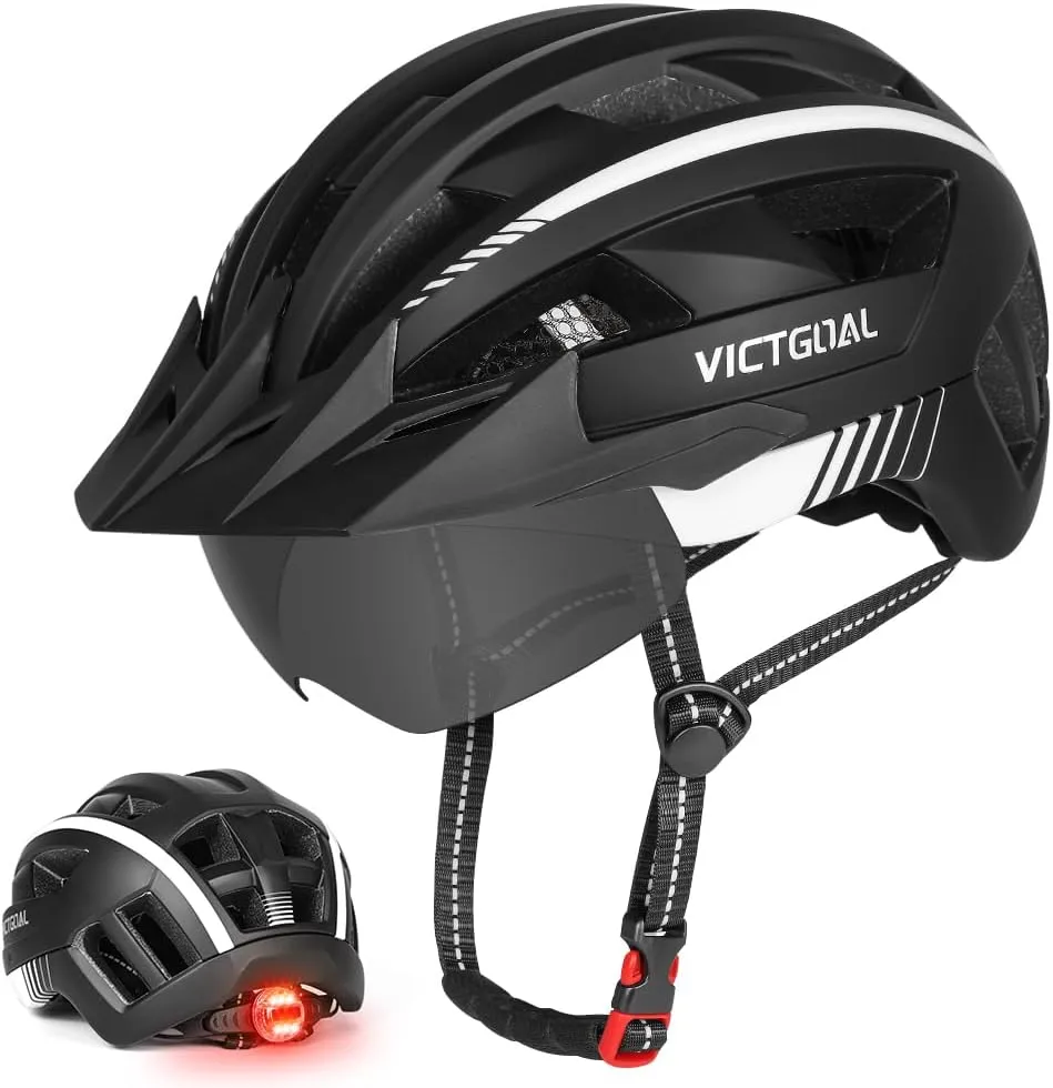 VICTGOAL Bike Helmet for Men Women with Led Light Detachable Magnetic Goggles Removable Sun Visor Mountain & Road Bicycle Helmets Adjustable Size Adult Cycling Helmets