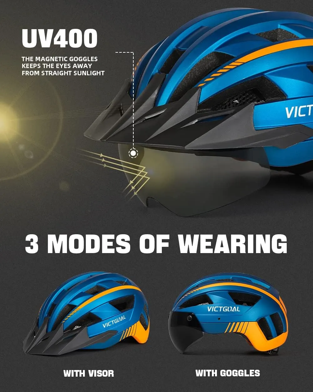 VICTGOAL Bike Helmet for Men Women with Led Light Detachable Magnetic Goggles Removable Sun Visor Mountain & Road Bicycle Helmets Adjustable Size Adult Cycling Helmets