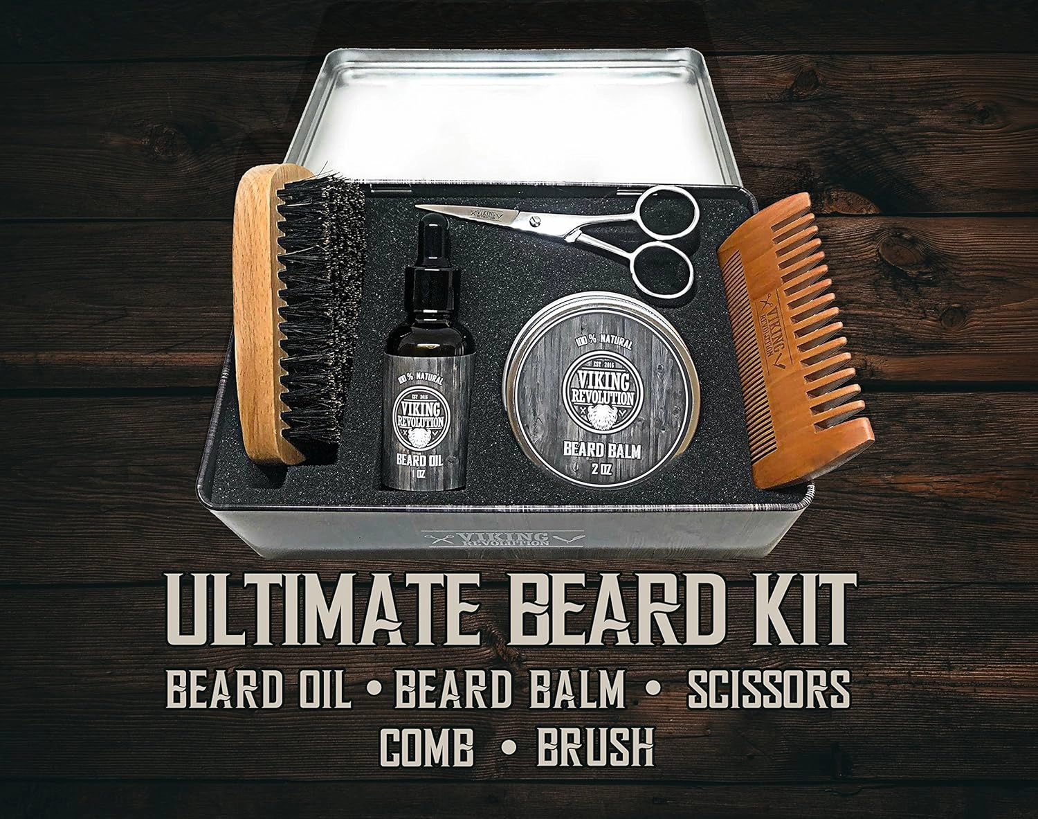 Viking Revolution Beard Care Kit for Men - Kit includes 100% Boar Beard Brush, Wooden Comb, Beard Balm, Beard Oil, Beard & Mustache Scissors in a Metal Box