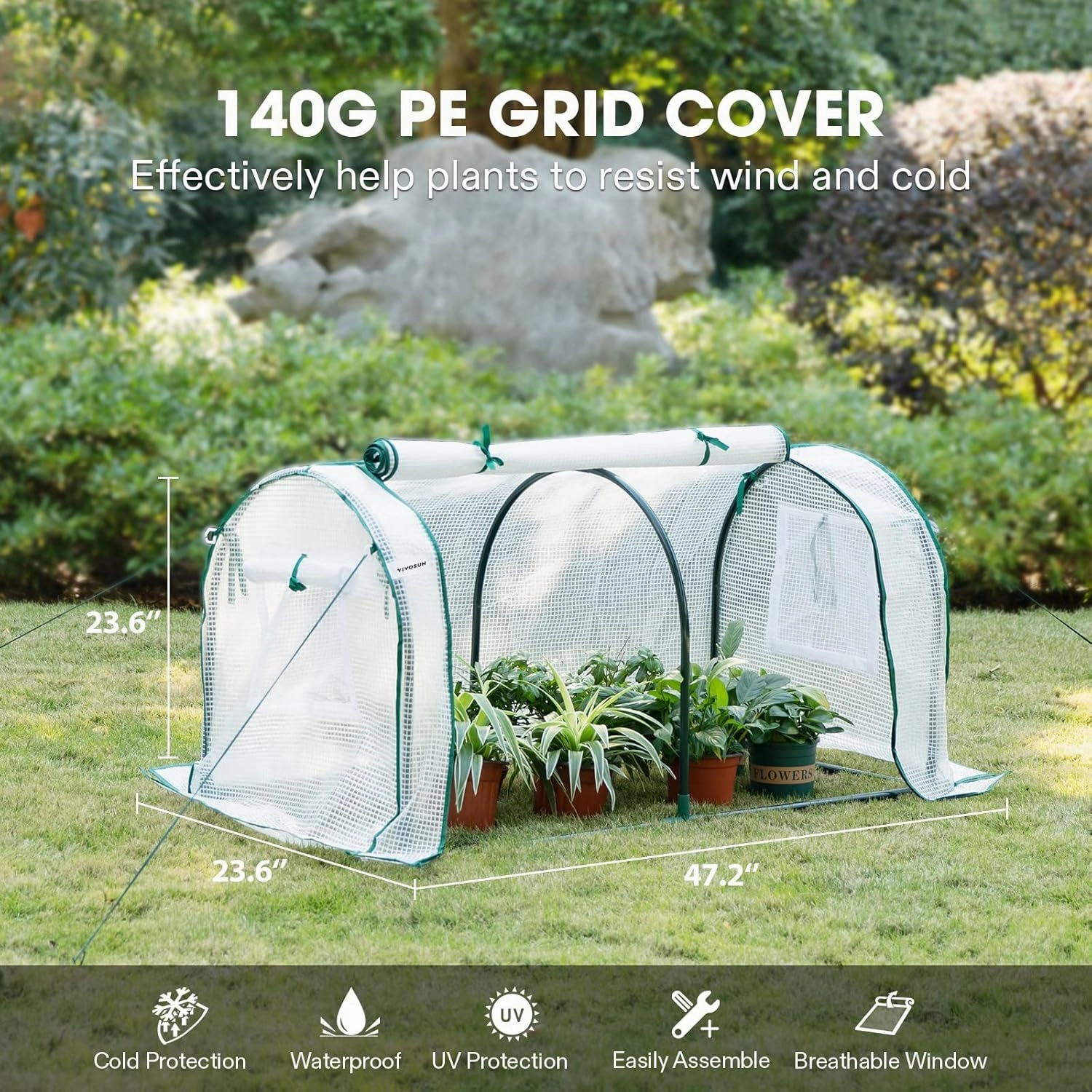 VIVOSUN Portable Mini Greenhouse 47x23x23-Inch Tunnels, PE Cover with Roll-up Zipper Door, for Indoor Outdoor or Garden Plant Growing, White