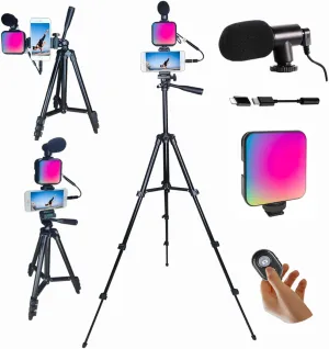 Vlogging kit for iPhone, YouTube Starter Kit, Vlogging Kit for Andriod Phone,Content Creator Essentials, w/RGB Light/Tripod/Mic/Jack Adapter/Remote