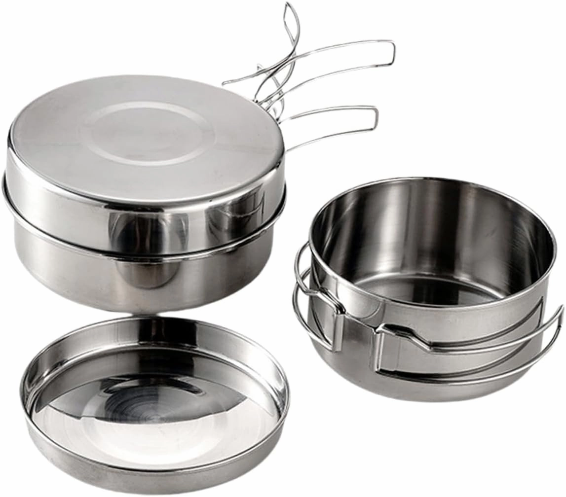 VOSAREA Stainless Steel Pot Pan Set for Outdoor Cooking Camping Hiking BBQ Picnic Portable Cooking Utensils Kit
