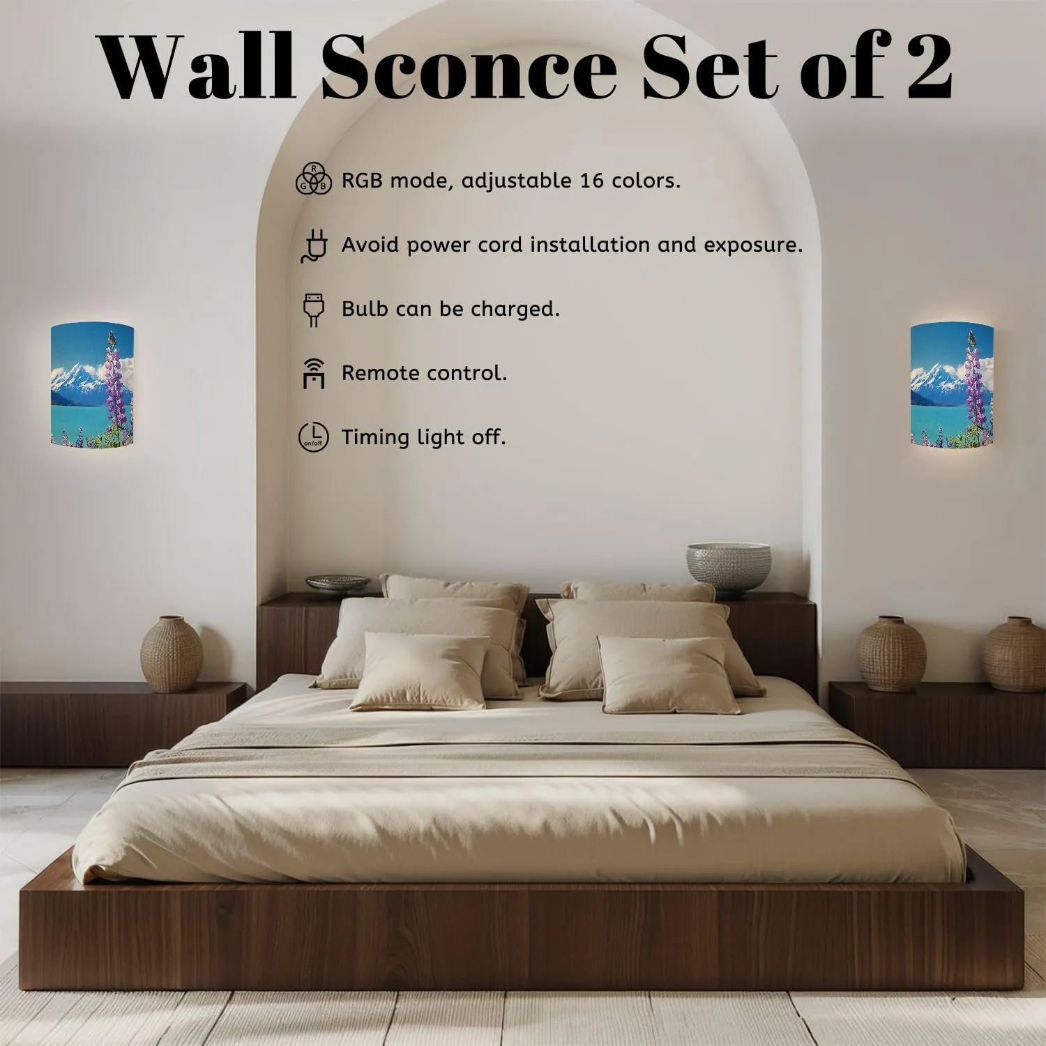 Wall Sconces Set of Two Battery Operated Lupins Shore Mt Cook New Zealand Plug in Wall Lights Fixtures Remote Dimmable for Bedroom Living Room Hallway