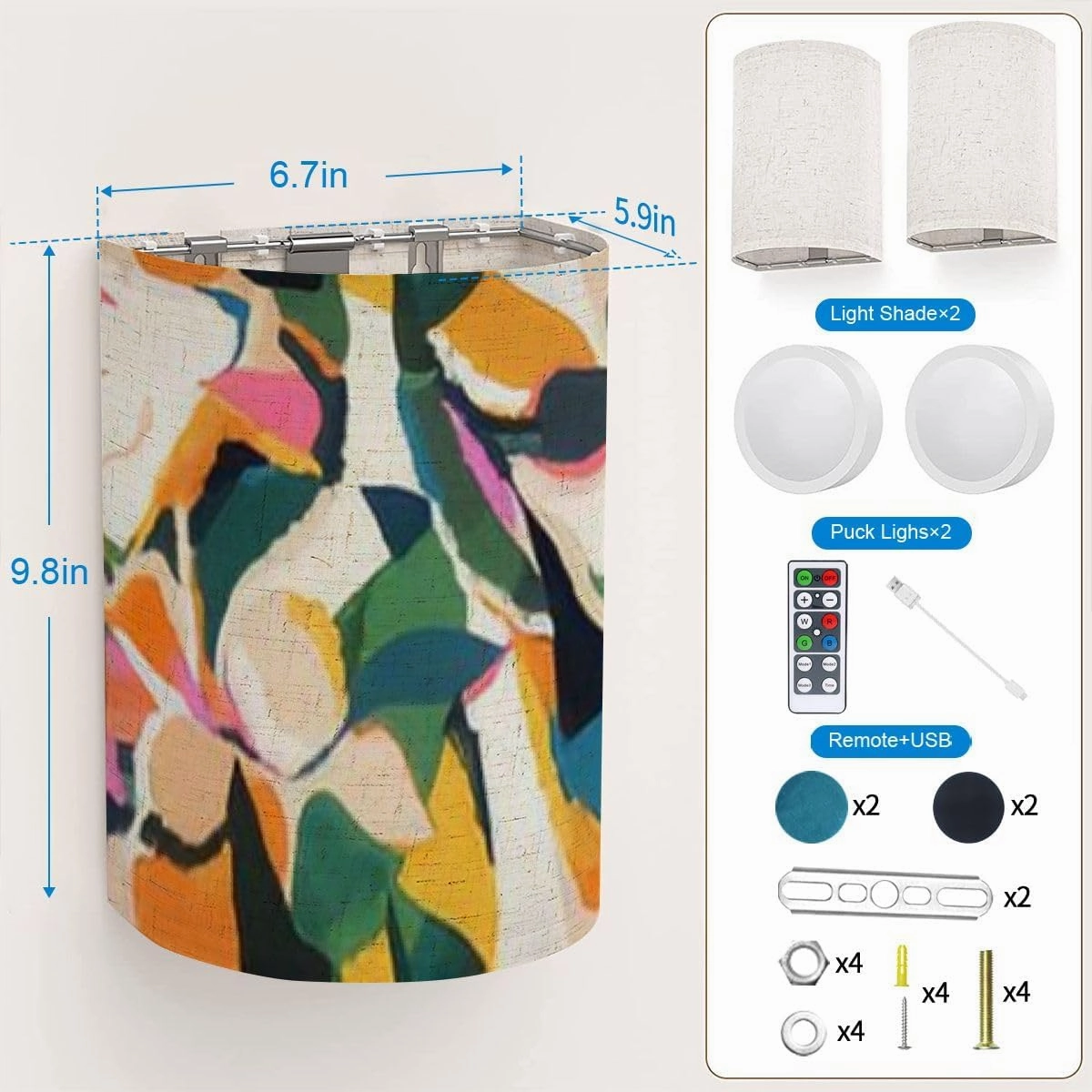 Wall Sconces Set of Two Battery Operated Hand drawn floral abstract print Creative collage seamless pattern Wireless Plug in Wall Lights Fixtures Remote Dimmable for Bedroom Living Room Hallway
