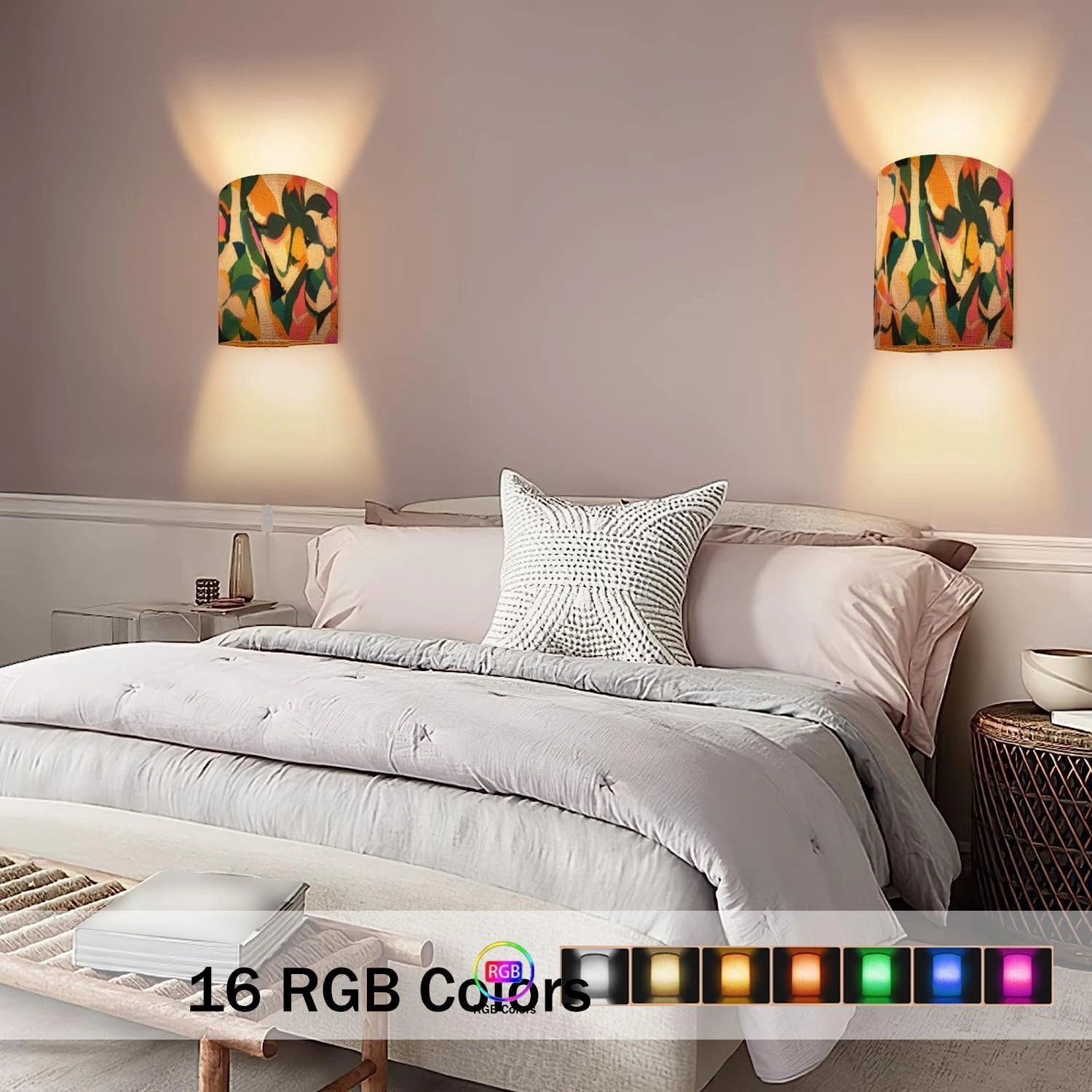 Wall Sconces Set of Two Battery Operated Hand drawn floral abstract print Creative collage seamless pattern Wireless Plug in Wall Lights Fixtures Remote Dimmable for Bedroom Living Room Hallway