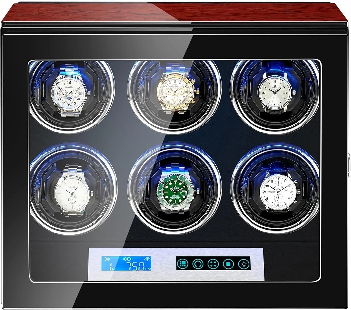 Watch Winder for Men's and Women's Automatic Watch with 6 Adjustable Watch Pillow Motors Touch Screen LCD Digital Display LED Illumination Watch Display Case (6 0)