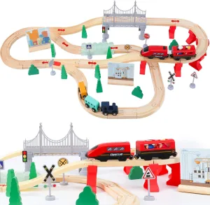 Wdmiya Wooden Train Set for Toddlers, 72 Pcs Wooden Train Track for Kids, Train Toy with Bridge and Tracks (Fits Thomas & Brio), Christmas Birthday Trains Gift for 2 3 4 5 6 7 8 Years Old