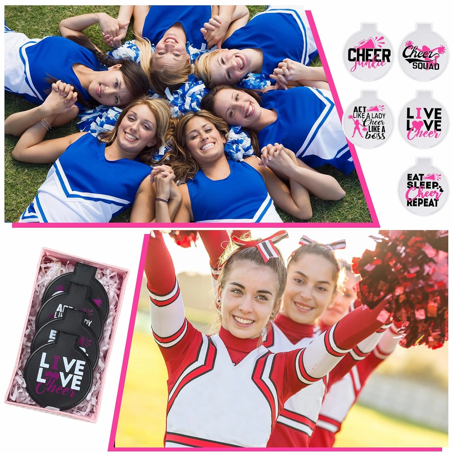 Wenqik 50 Pcs Cheerleader Mirror Gifts Cheerleading Compact Mirror Bulk Folding Pocket Portable Makeup Mirrors Cheer Party Favors for Team Friendship Gift(Pink Cheer)