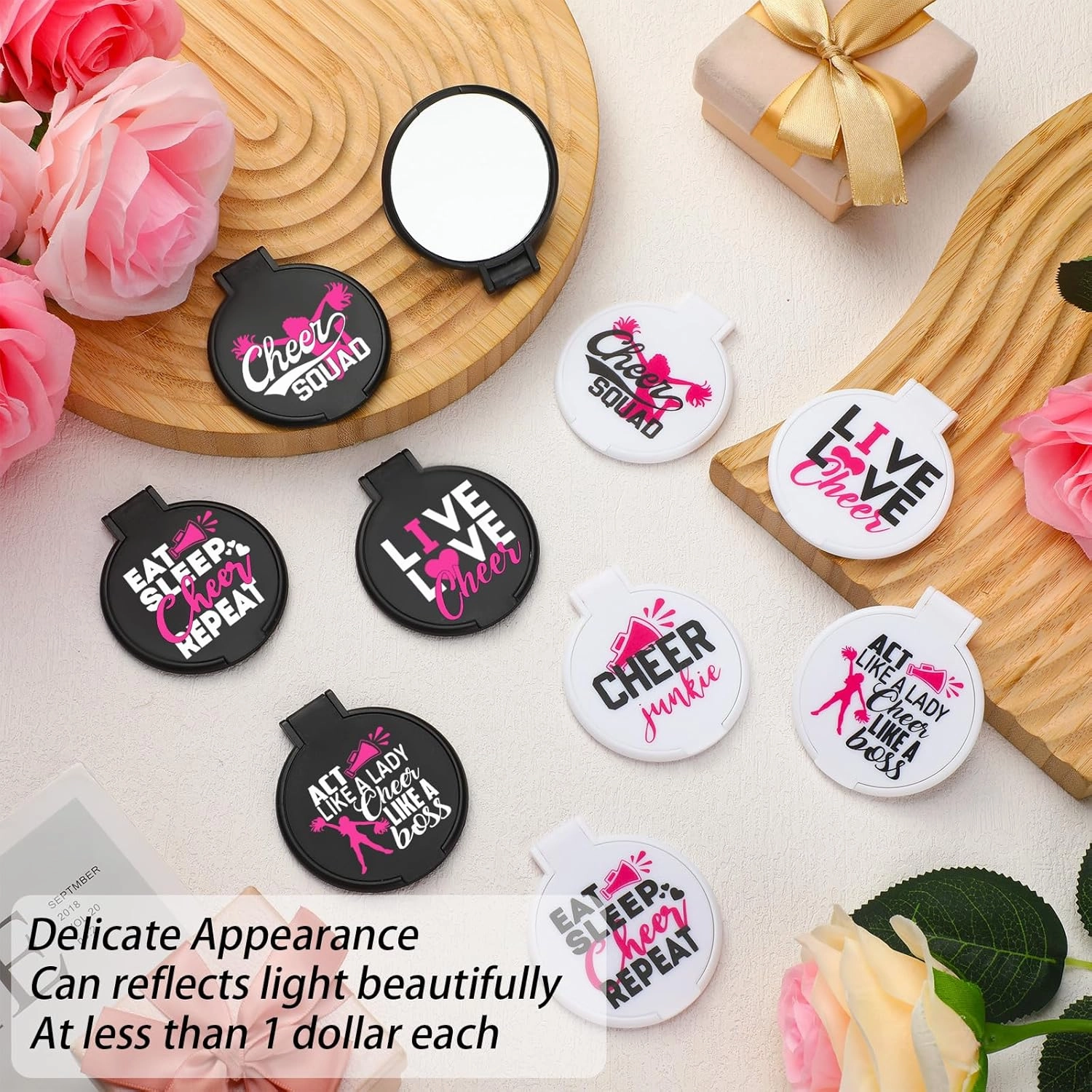 Wenqik 50 Pcs Cheerleader Mirror Gifts Cheerleading Compact Mirror Bulk Folding Pocket Portable Makeup Mirrors Cheer Party Favors for Team Friendship Gift(Pink Cheer)
