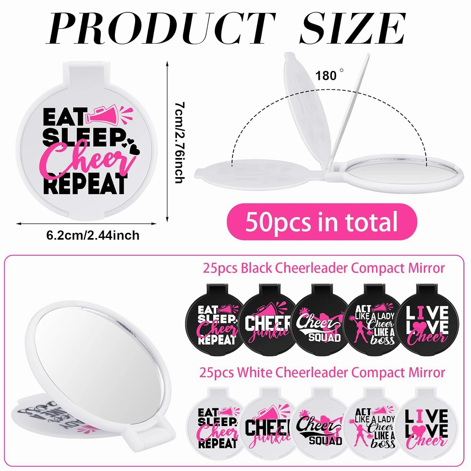 Wenqik 50 Pcs Cheerleader Mirror Gifts Cheerleading Compact Mirror Bulk Folding Pocket Portable Makeup Mirrors Cheer Party Favors for Team Friendship Gift(Pink Cheer)