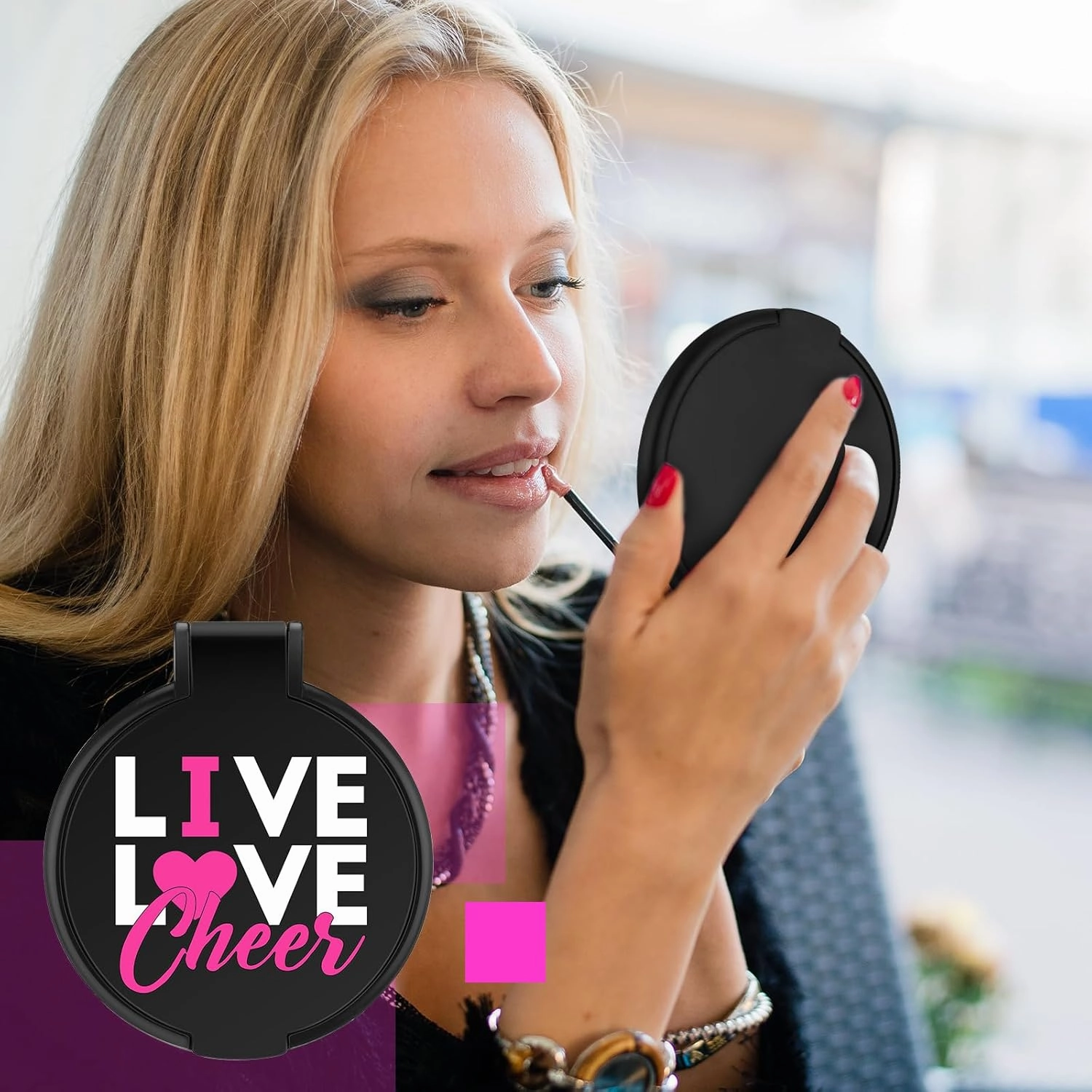 Wenqik 50 Pcs Cheerleader Mirror Gifts Cheerleading Compact Mirror Bulk Folding Pocket Portable Makeup Mirrors Cheer Party Favors for Team Friendship Gift(Pink Cheer)