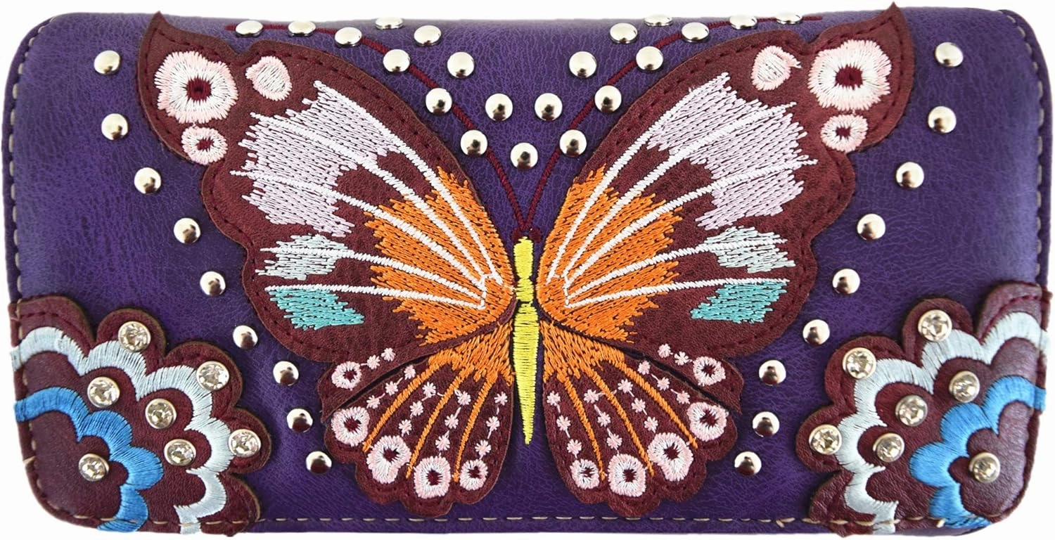 Western Style Springtime Embroidery Butterfly Floral Leather Totes Purse Country Handbag Women Shoulder Bag Wallet Set